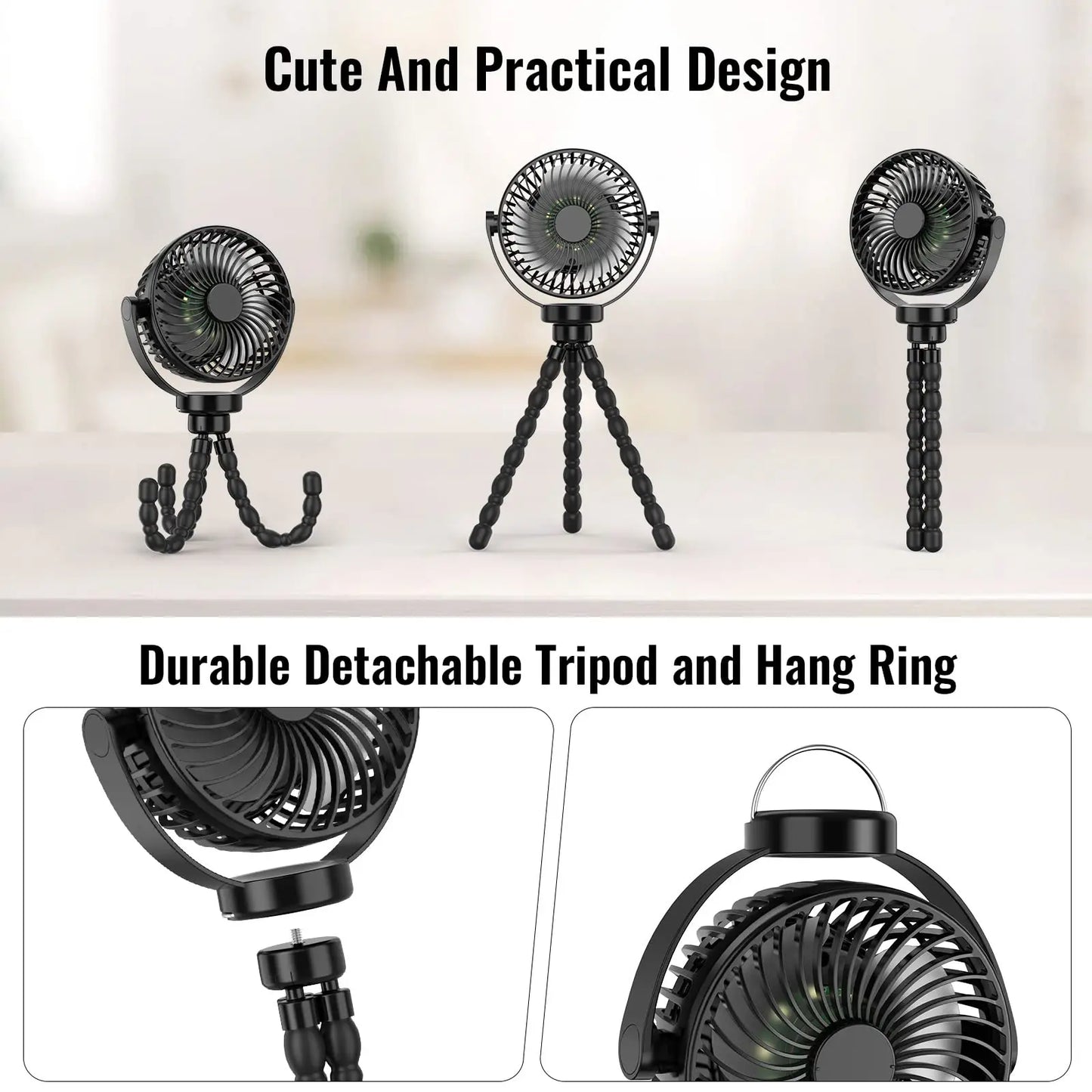 Portable USB Rechargeable Fan with Tripod Clip, Mini Stroller Fan for Baby,Summer Air Cooler,Handheld Hanging Desk,for Camping