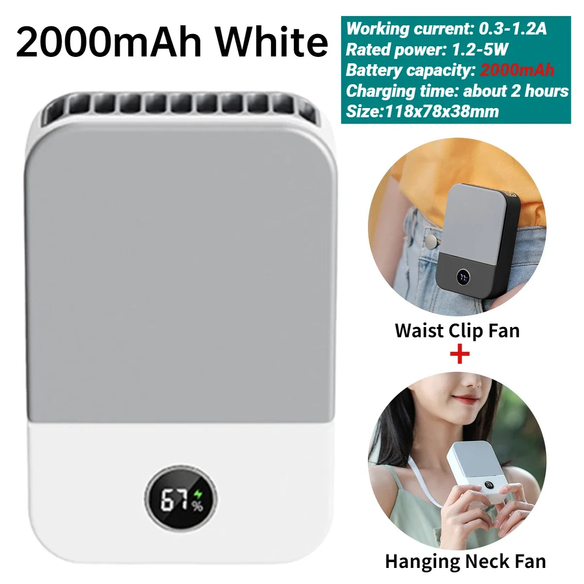 Portable USB Rechargeable 3 Speed Mute Personal Waist Clip on Summer Air Cooler Mini Digital Display Hanging Neck Fan