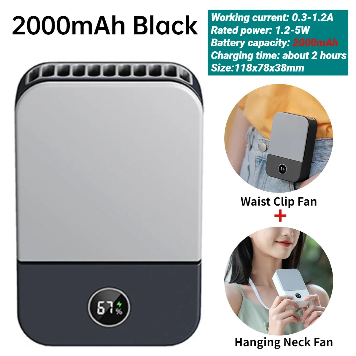 Portable USB Rechargeable 3 Speed Mute Personal Waist Clip on Summer Air Cooler Mini Digital Display Hanging Neck Fan