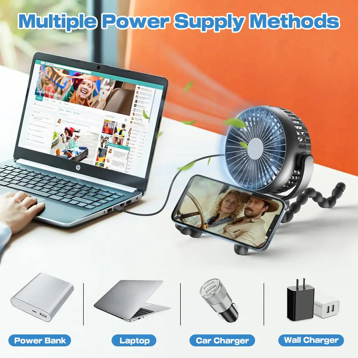 Portable USB Rechargeable Fan with Tripod Clip, Mini Stroller Fan for Baby,Summer Air Cooler,Handheld Hanging Desk,for Camping