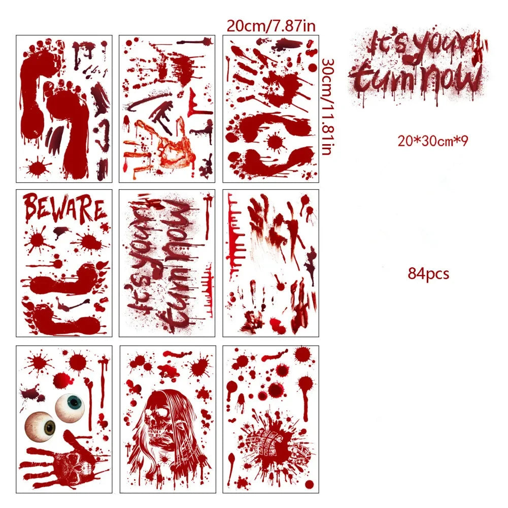 9 Sheets Halloween Decorations Window Stickers Reusable Bloody Handprint Footprint Horror Sticker Scary Realistic Tattoo Sticker