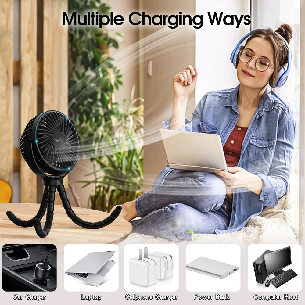 Portable USB Rechargeable Fan with Tripod Clip, Mini Stroller Fan for Baby,Summer Air Cooler,Handheld Hanging Desk,for Camping