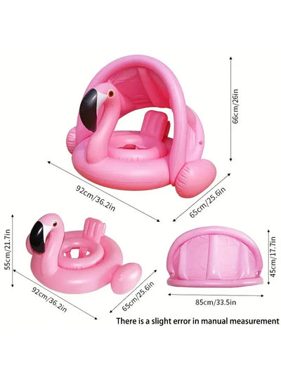 1pc PVC Children's Swimming Ring With Sun Shade, Inflatable Water Toy, Swimming Pool Float, Flamingo Sunshade Swimming Seat Ring