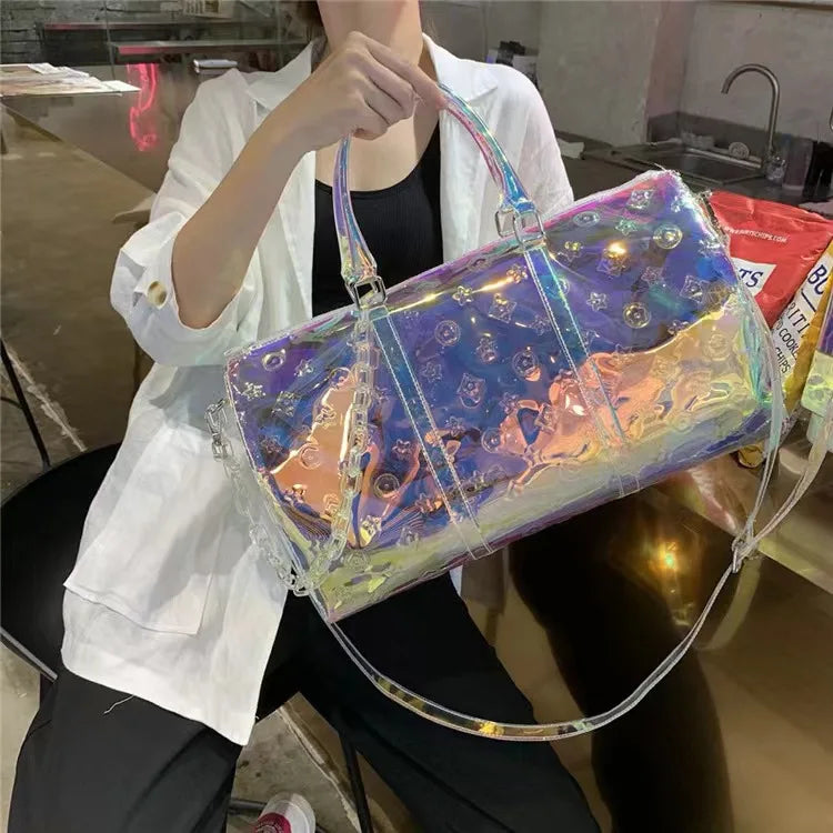 Colorful Bright Travel Bag Summer Women's Beach Handbag Leisure Fitness Swim Gym Bag Clear Jelly Portable Laser Transparent Tote