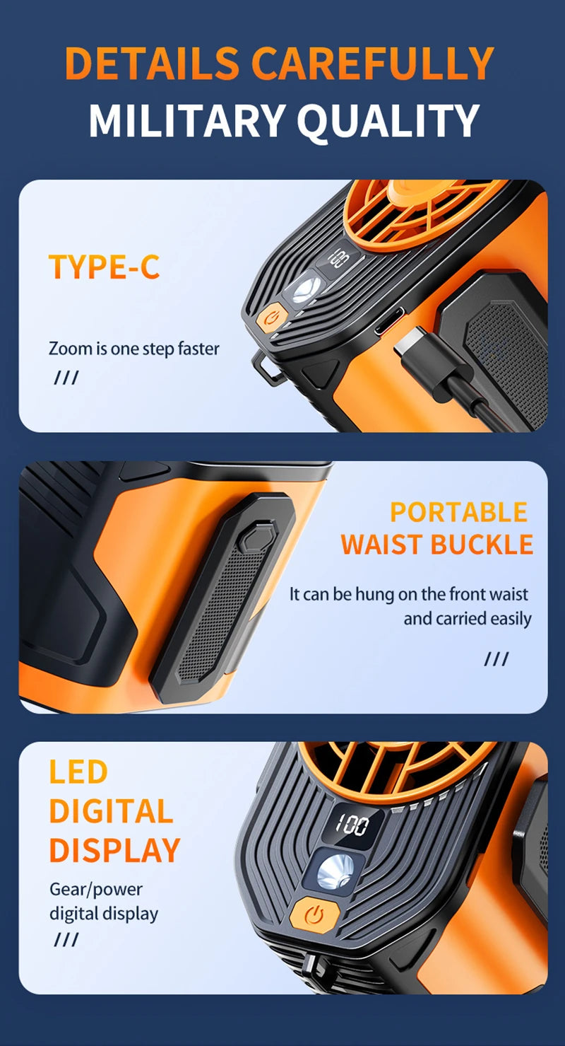 Waist-hanging Fan 100-level Adjustable Portable Waist-clip Outdoor Construction Site Cool Down USB Charging Mini Neck Fan
