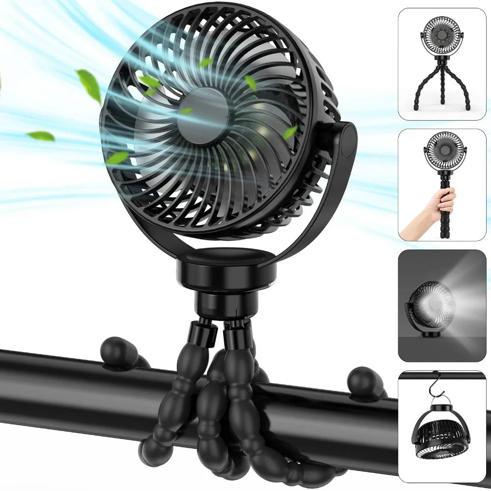 Portable USB Rechargeable Fan with Tripod Clip, Mini Stroller Fan for Baby,Summer Air Cooler,Handheld Hanging Desk,for Camping