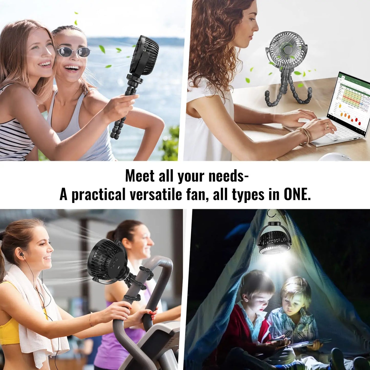 Portable USB Rechargeable Fan with Tripod Clip, Mini Stroller Fan for Baby,Summer Air Cooler,Handheld Hanging Desk,for Camping