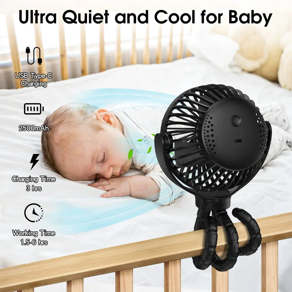 Portable USB Rechargeable Fan with Tripod Clip, Mini Stroller Fan for Baby,Summer Air Cooler,Handheld Hanging Desk,for Camping