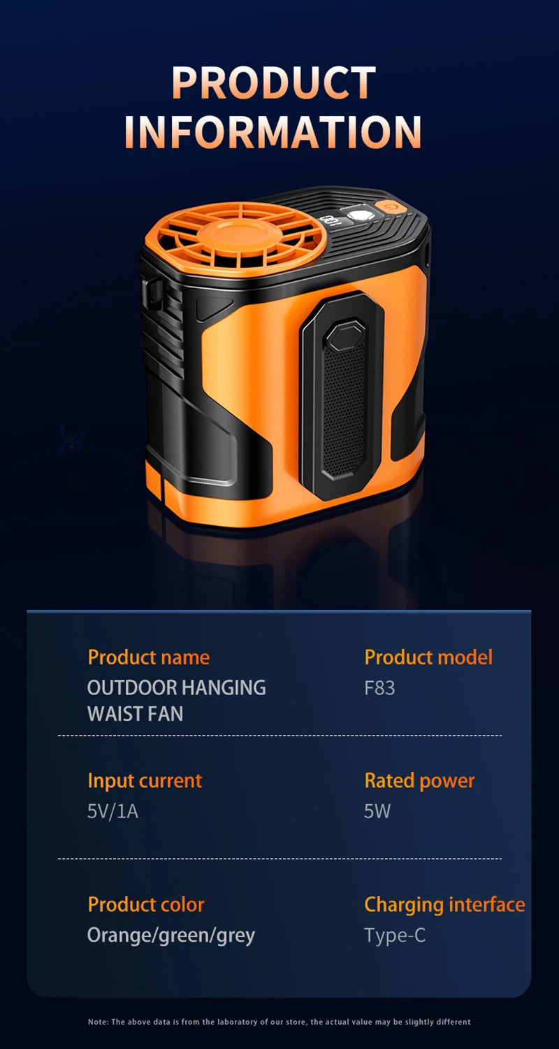 Waist-hanging Fan 100-level Adjustable Portable Waist-clip Outdoor Construction Site Cool Down USB Charging Mini Neck Fan
