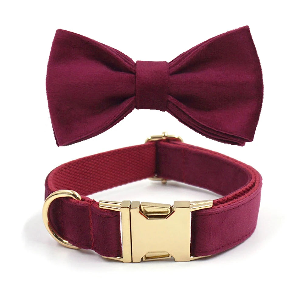 Burgundy Velvet Dog Collar Personalized Thicken Metal Buckle Pet Harness Bow Tie Collar Leash Set with Poop Bag Luxury Dog Gift