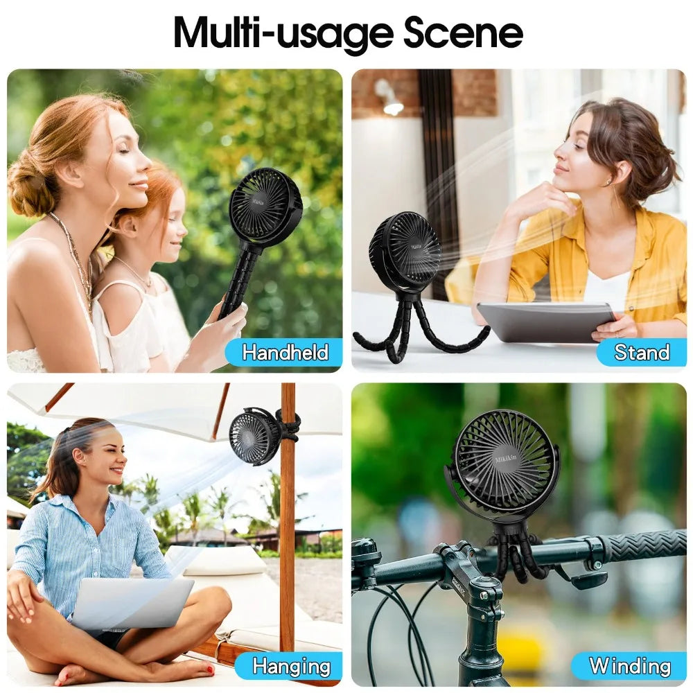 Portable USB Rechargeable Fan with Tripod Clip, Mini Stroller Fan for Baby,Summer Air Cooler,Handheld Hanging Desk,for Camping