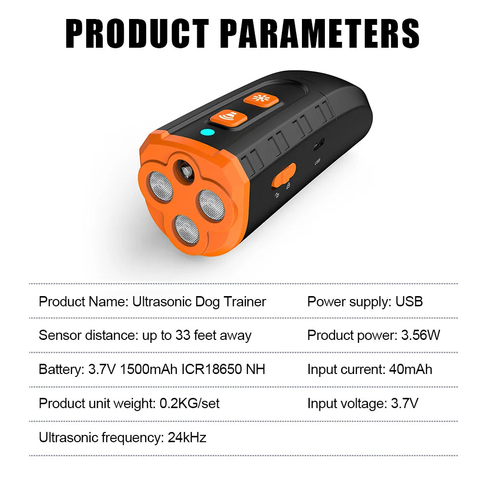 Pet Dog Repeller Rechargeable Ultrasonic Dog Training Tool Anti Bark Deterrent Device Stop-Barking Trainer with LED Flashlight