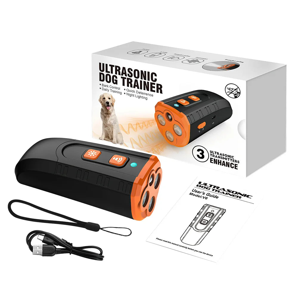 Pet Dog Repeller Rechargeable Ultrasonic Dog Training Tool Anti Bark Deterrent Device Stop-Barking Trainer with LED Flashlight