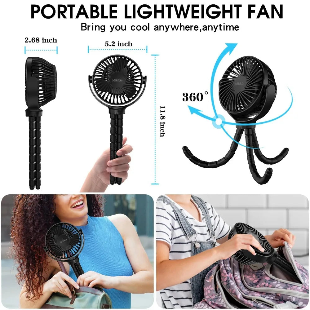 Portable USB Rechargeable Fan with Tripod Clip, Mini Stroller Fan for Baby,Summer Air Cooler,Handheld Hanging Desk,for Camping