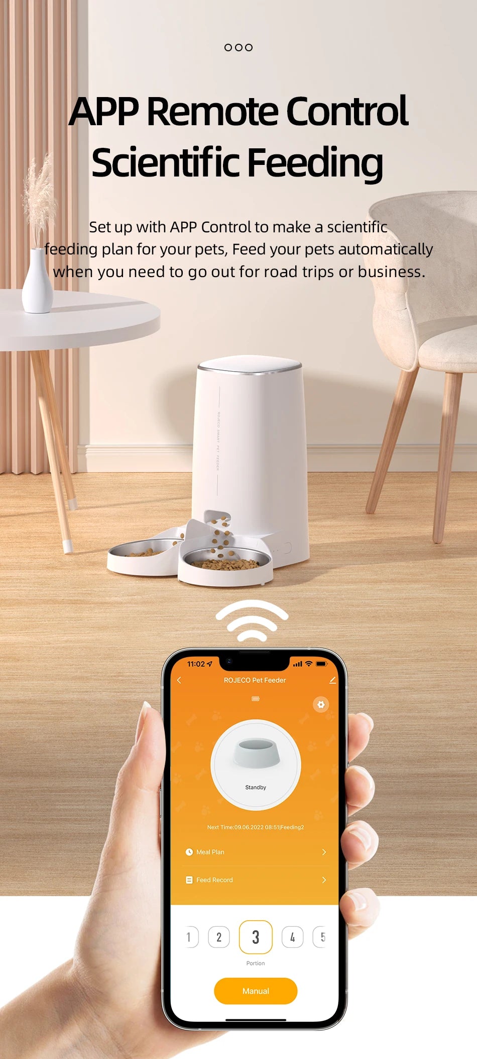 ROJECO Automatic Cat Feeder Pet Smart Cat Food Kibble Dispenser Remote Control Auto WiFi Double Feeder For Cats Dog Accessories