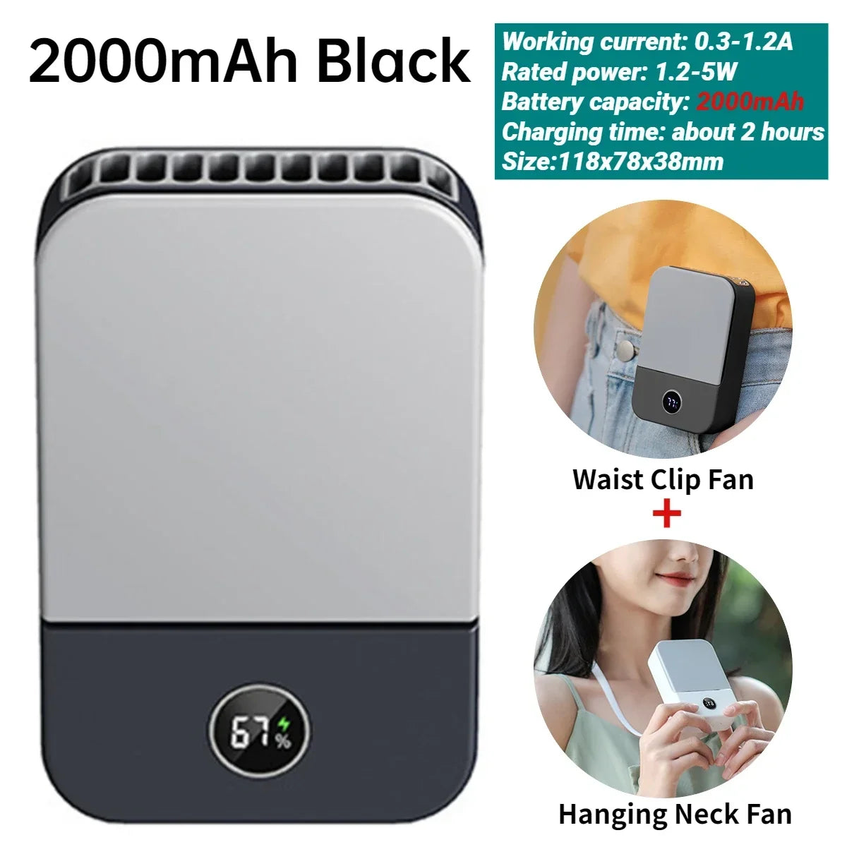 Portable USB Rechargeable 3 Speed Mute Personal Waist Clip on Summer Air Cooler Mini Digital Display Hanging Neck Fan