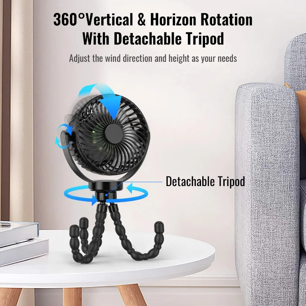 Portable USB Rechargeable Fan with Tripod Clip, Mini Stroller Fan for Baby,Summer Air Cooler,Handheld Hanging Desk,for Camping