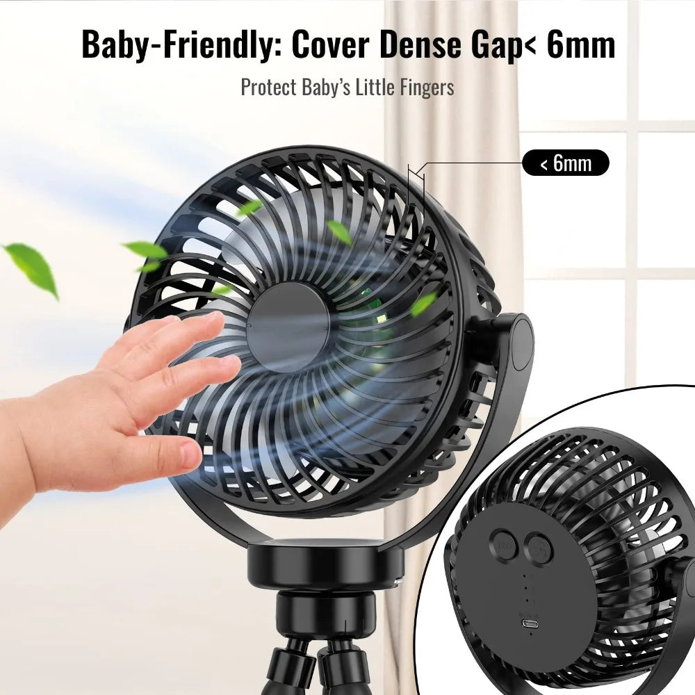 Portable USB Rechargeable Fan with Tripod Clip, Mini Stroller Fan for Baby,Summer Air Cooler,Handheld Hanging Desk,for Camping