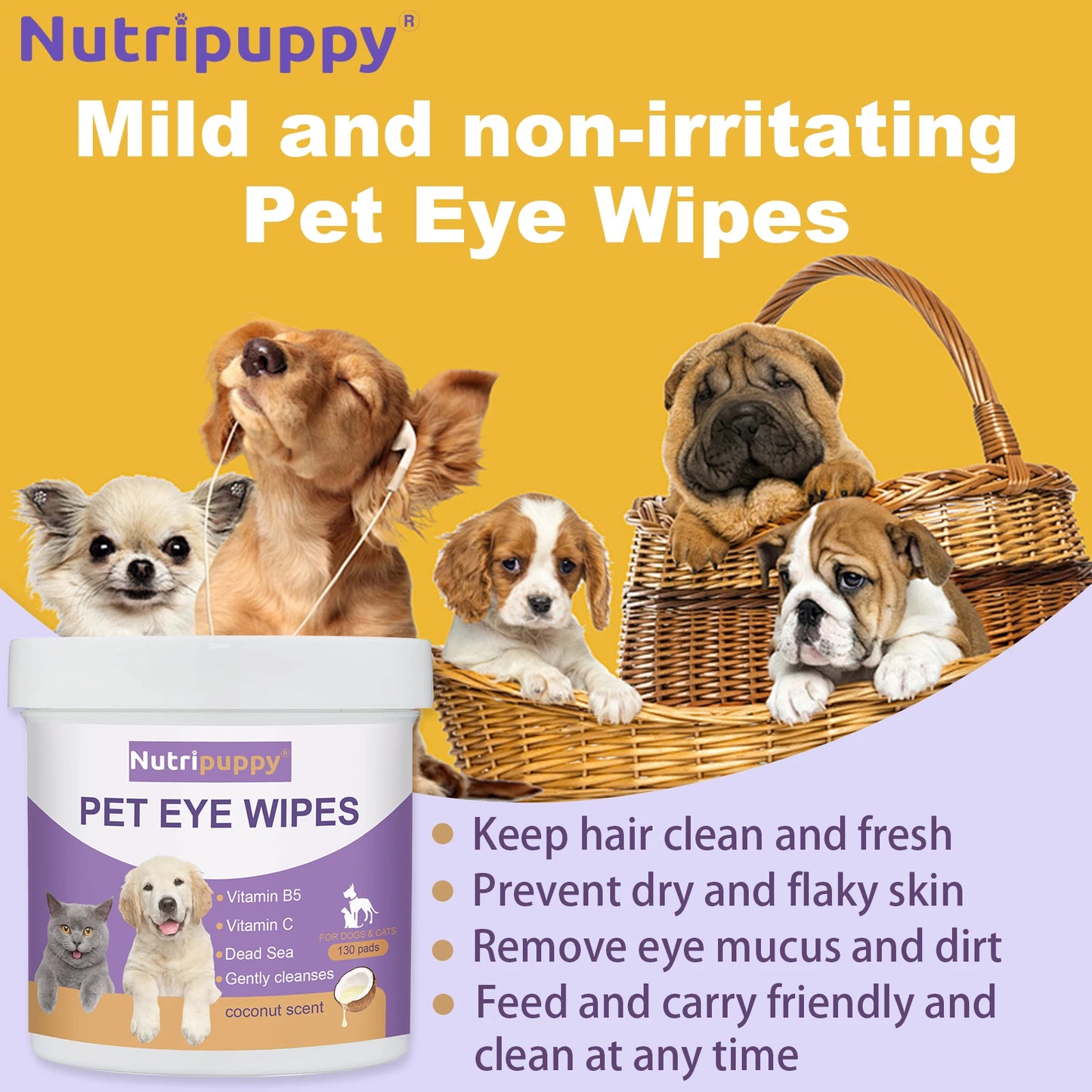 Pet Eye Cleaning Wipes for Dogs & Cats,Gentle Tear Stain Remover, Vitamins Formula | 130pcs Soft & Safe Eye Care