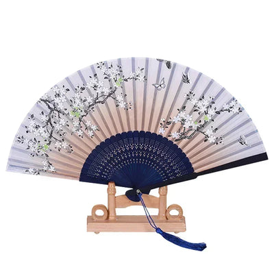 Vintage Elegant Handheld Foldable Chinese Silk Folding Fan Wooden Shank Classical Dance High Quality Tassel Fan Home Decoration