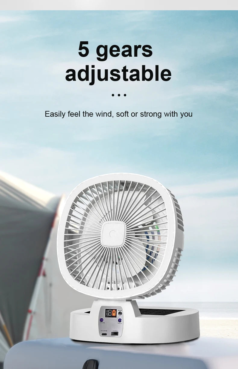 Solar Fan Portable Wireless Fold Rechargeable with Control and Lighting Power Bank Low Noise Ventilador Desktop Outdoor Camping