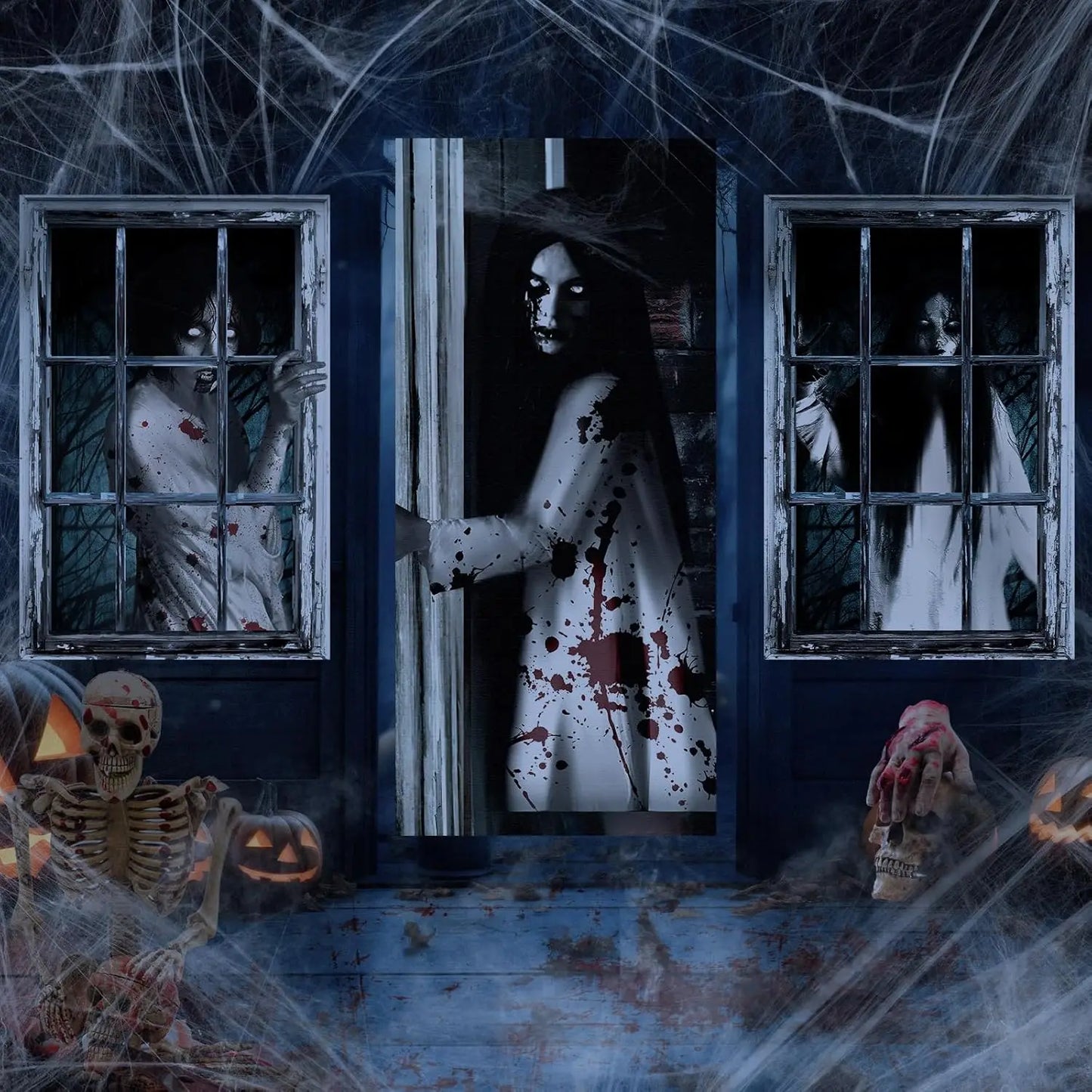 3 Pcs Halloween Window Door Female Ghost Covers Set Halloween Scary Ghost Window Curtain and Door Cover Spooky Window Silhouette