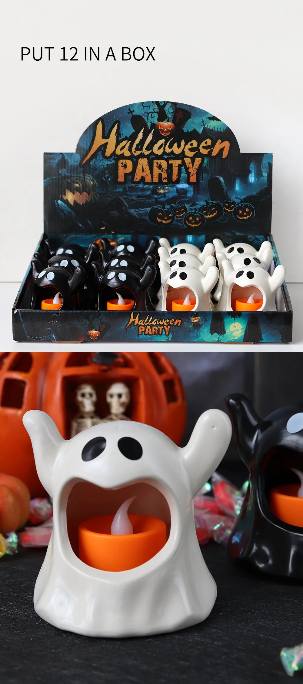 2024 New Halloween Ghost Lamp With LED Flameless Candles Decorative Halloween Party Ghosts Horror Atmosphere Props Decoration