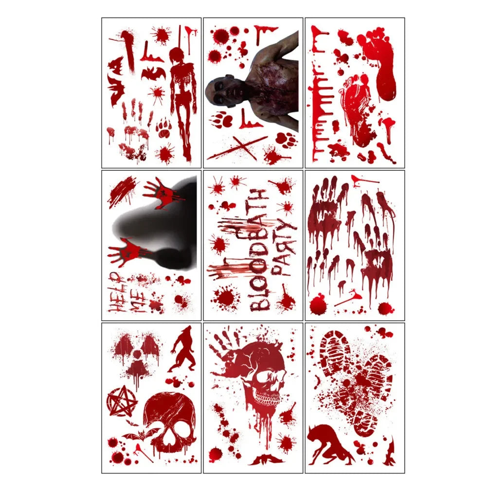 9 Sheets Halloween Decorations Window Stickers Reusable Bloody Handprint Footprint Horror Sticker Scary Realistic Tattoo Sticker