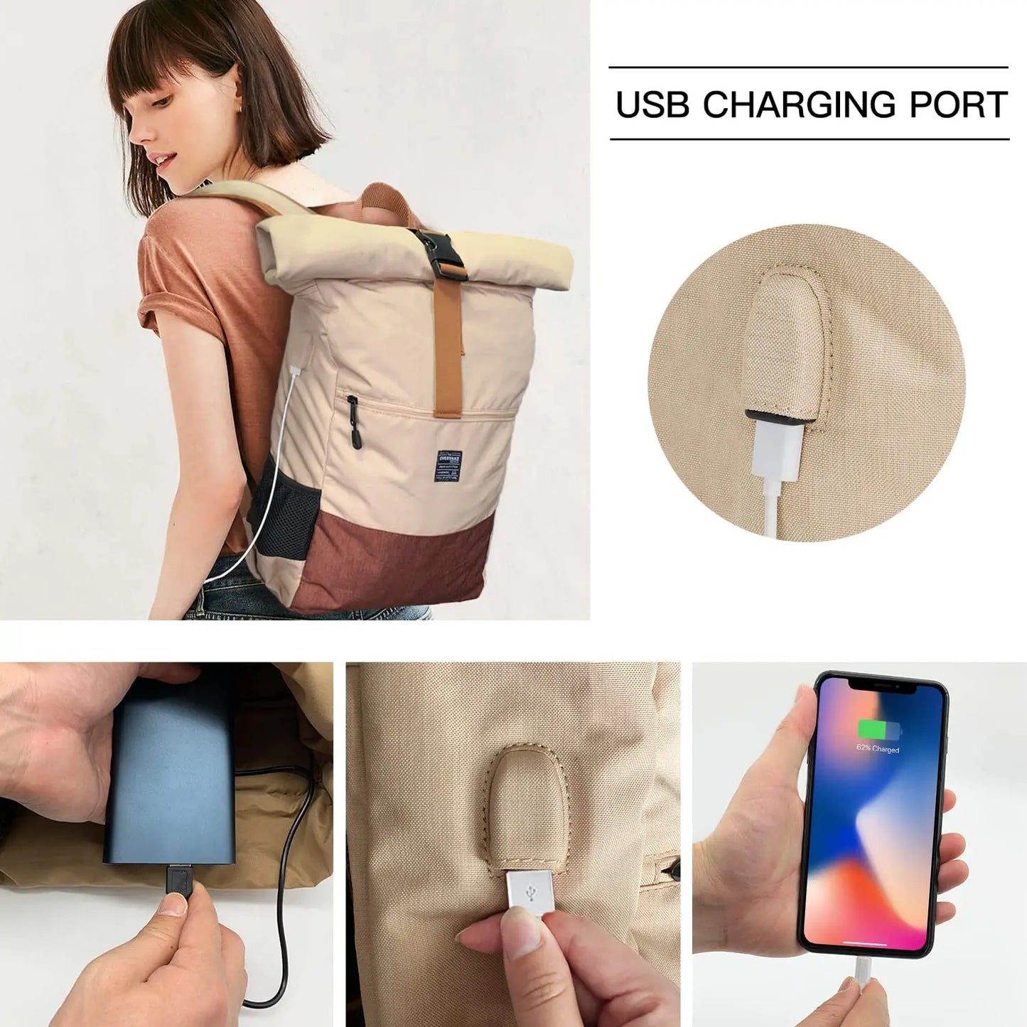 EverVanz Rolltop Backpack, Daypack With Compartment For 12 - 17 inch Laptop, Waterproof And Anti-Theft