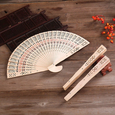 Fashion Wedding Hand Fragrant Party Carved Bamboo Folding Fan Chinese Wooden Fan Vintage Hollow Antiquity Folding Fan