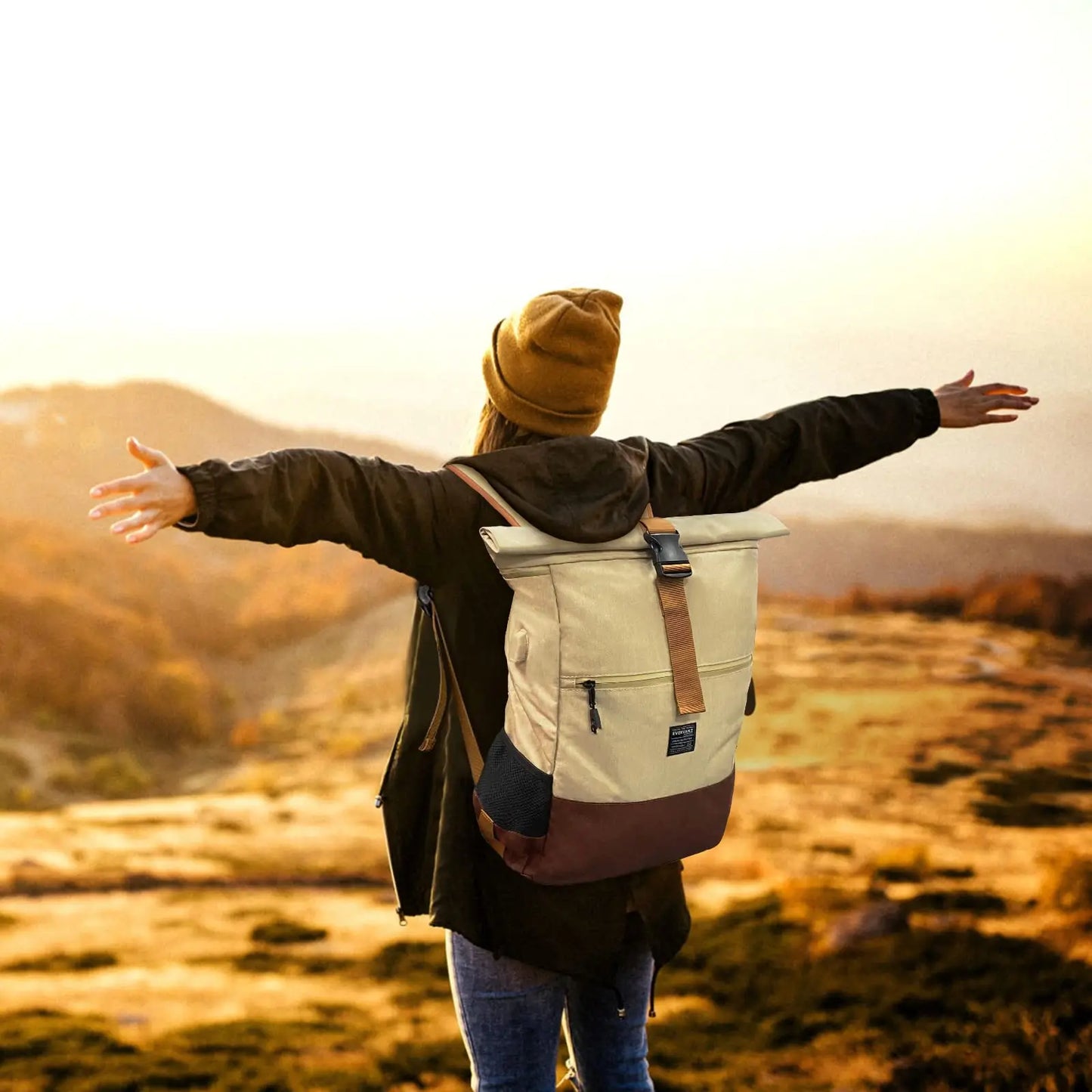 EverVanz Rolltop Backpack, Daypack With Compartment For 12 - 17 inch Laptop, Waterproof And Anti-Theft