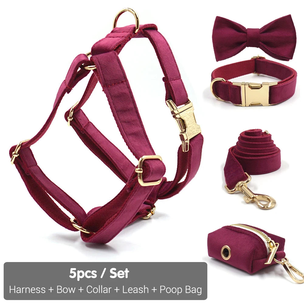 Burgundy Velvet Dog Collar Personalized Thicken Metal Buckle Pet Harness Bow Tie Collar Leash Set with Poop Bag Luxury Dog Gift