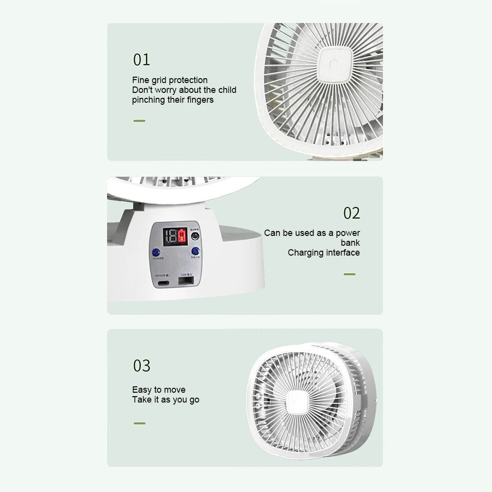 Solar Fan Portable Wireless Fold Rechargeable with Control and Lighting Power Bank Low Noise Ventilador Desktop Outdoor Camping