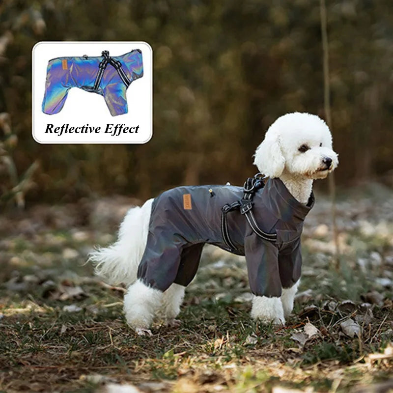 Dog Raincoat With Harness Waterproof Jacket for Small Dogs Adjustable Reflective Dog Rain Overalls Four legged raincoat Pet Rain