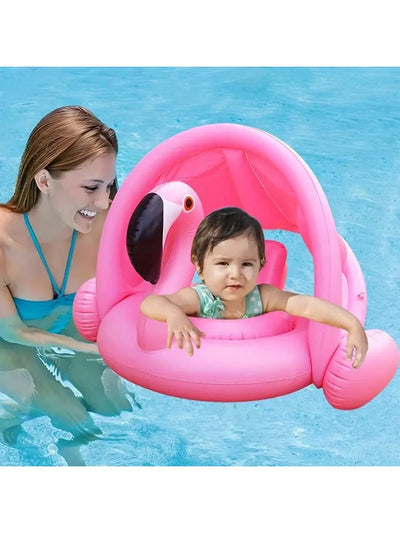 1pc PVC Children's Swimming Ring With Sun Shade, Inflatable Water Toy, Swimming Pool Float, Flamingo Sunshade Swimming Seat Ring