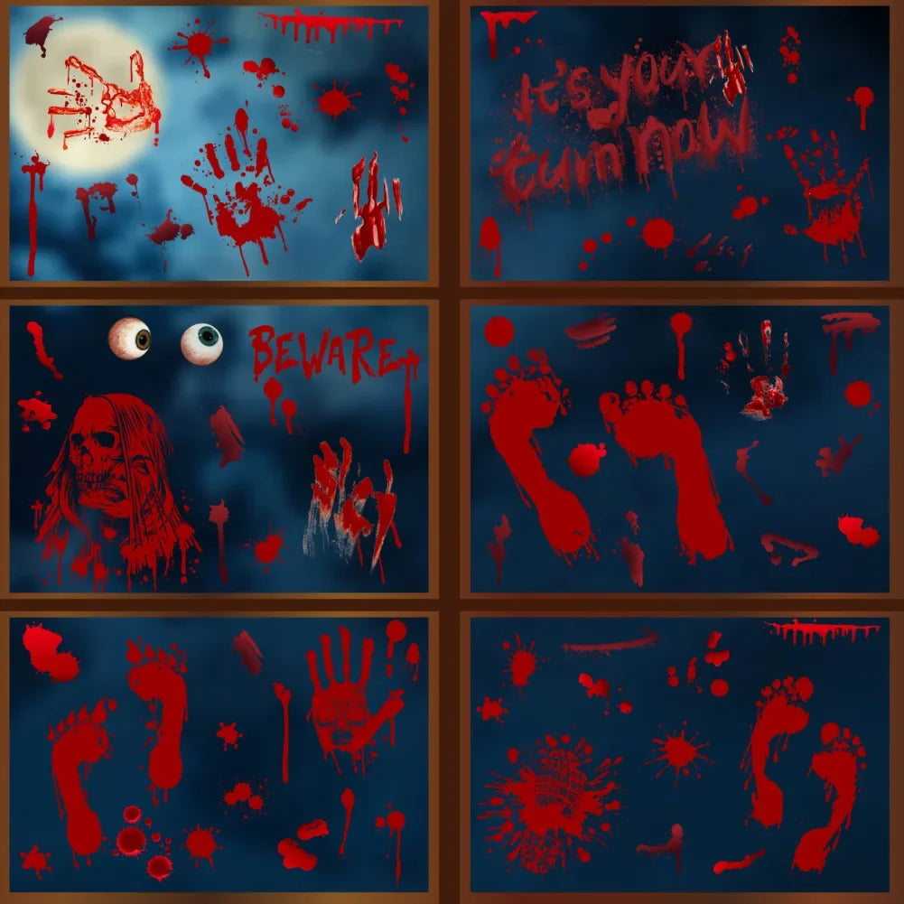 9 Sheets Halloween Decorations Window Stickers Reusable Bloody Handprint Footprint Horror Sticker Scary Realistic Tattoo Sticker