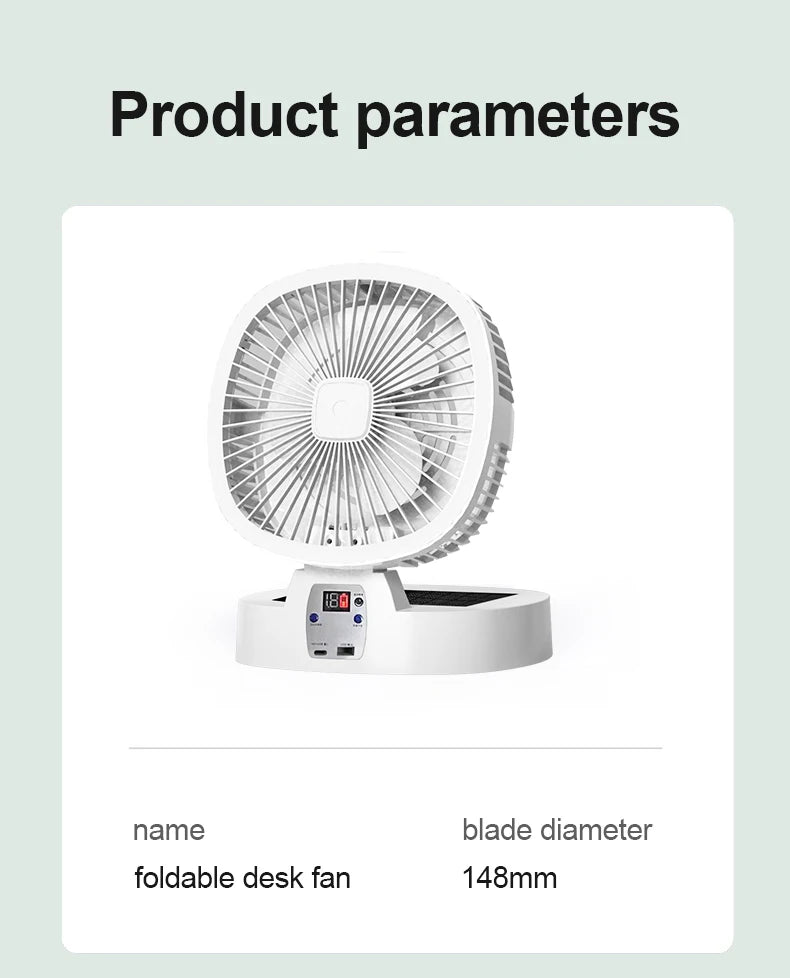 Solar Fan Portable Wireless Fold Rechargeable with Control and Lighting Power Bank Low Noise Ventilador Desktop Outdoor Camping