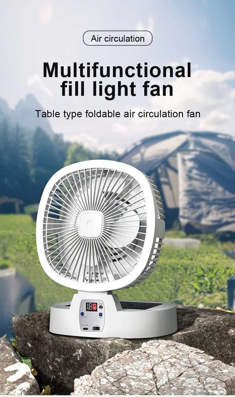 Solar Fan Portable Wireless Fold Rechargeable with Control and Lighting Power Bank Low Noise Ventilador Desktop Outdoor Camping
