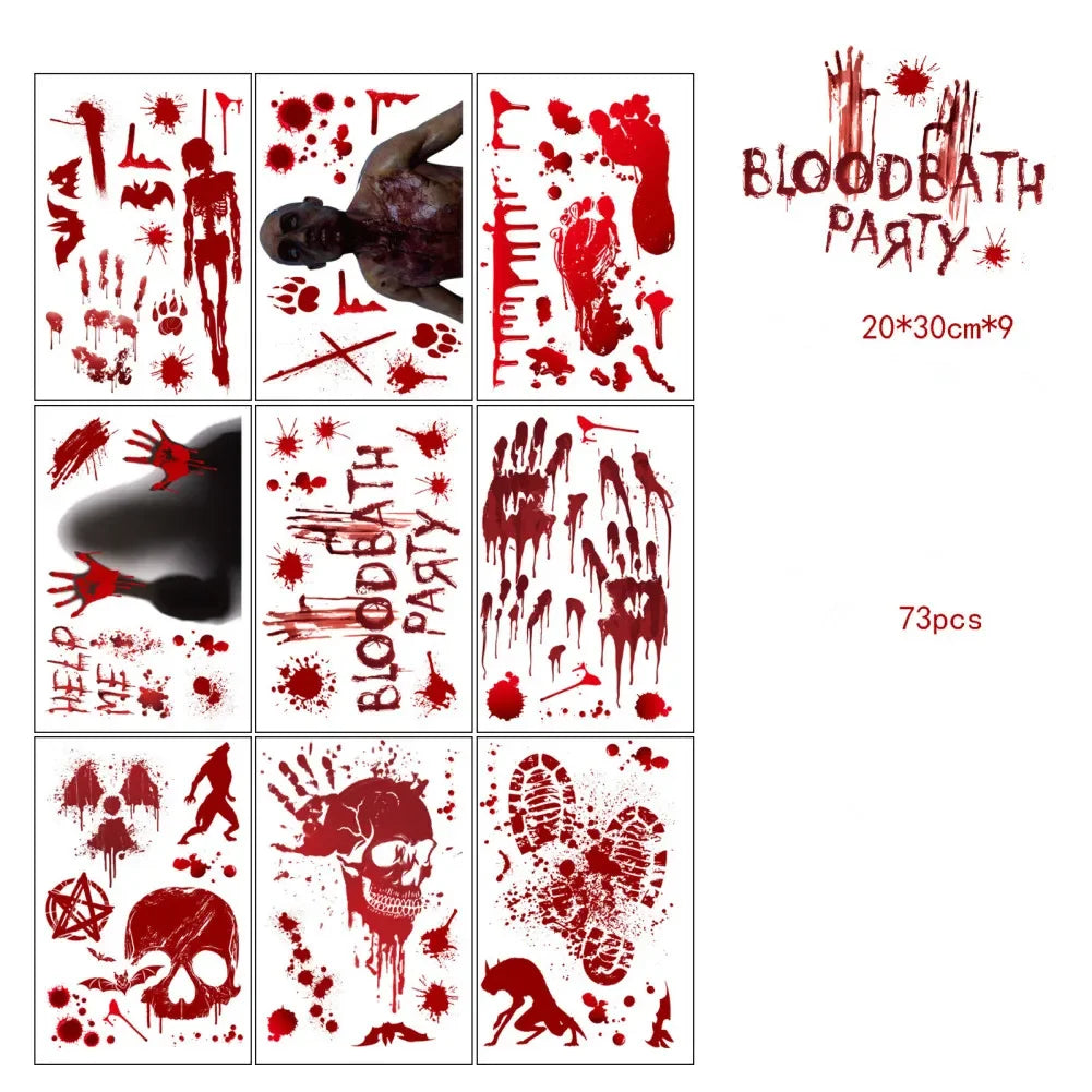 9 Sheets Halloween Decorations Window Stickers Reusable Bloody Handprint Footprint Horror Sticker Scary Realistic Tattoo Sticker