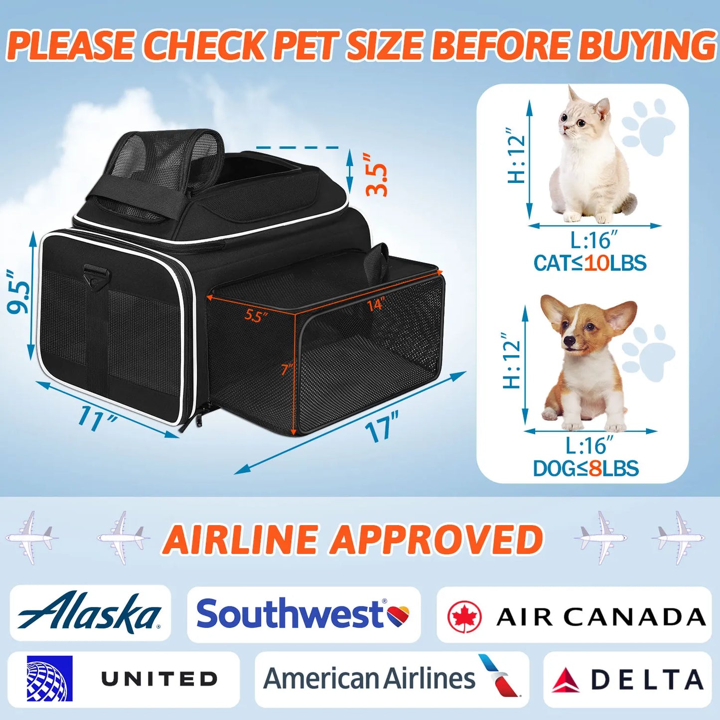 Airline Approved Pet Carrier- Expandable, DURABLE and with good VENTILATION