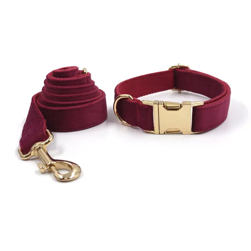 Burgundy Velvet Dog Collar Personalized Thicken Metal Buckle Pet Harness Bow Tie Collar Leash Set with Poop Bag Luxury Dog Gift