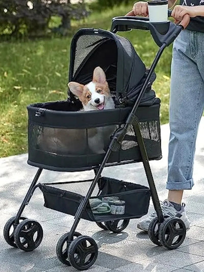 Folding 3-in-1 Dog Stroller with Removable Travel Carrier