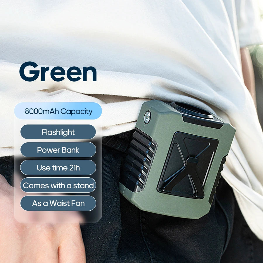 Mini 8000mAh Travel Wearable Waist Fan Camping Outdoor Rechargeable Cooling Fan With Night Light and Power Bank Air Circulator