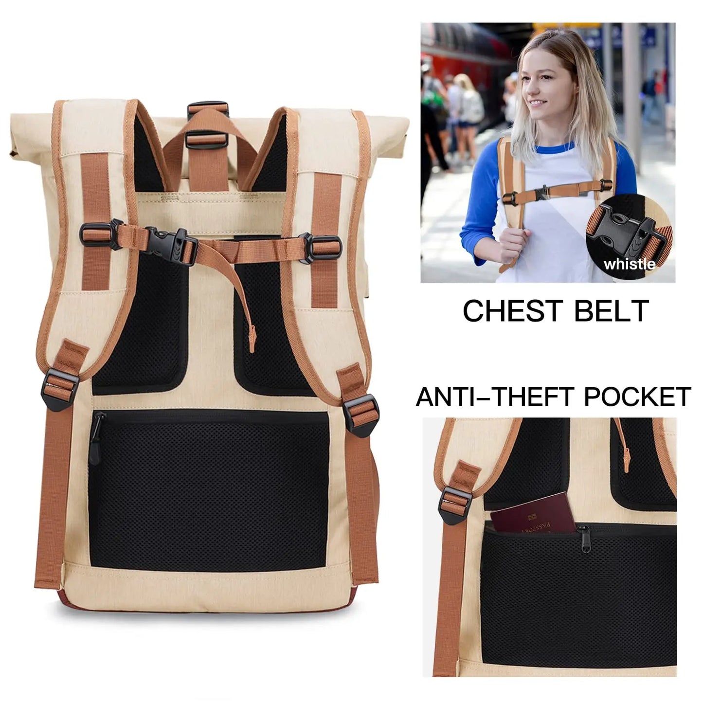 EverVanz Rolltop Backpack, Daypack With Compartment For 12 - 17 inch Laptop, Waterproof And Anti-Theft