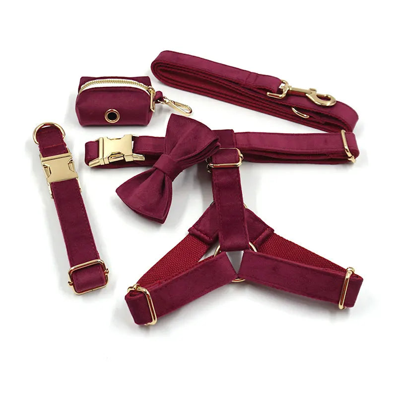 Burgundy Velvet Dog Collar Personalized Thicken Metal Buckle Pet Harness Bow Tie Collar Leash Set with Poop Bag Luxury Dog Gift