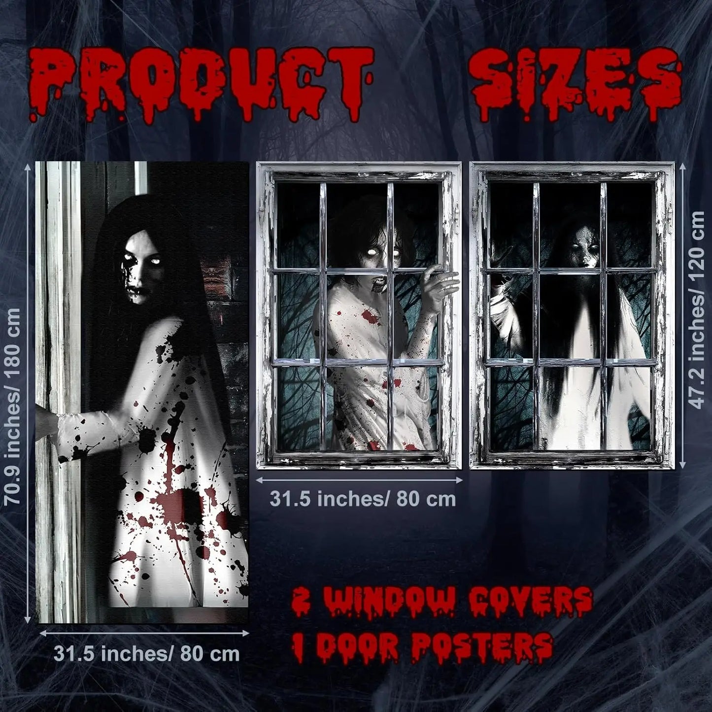 3 Pcs Halloween Window Door Female Ghost Covers Set Halloween Scary Ghost Window Curtain and Door Cover Spooky Window Silhouette