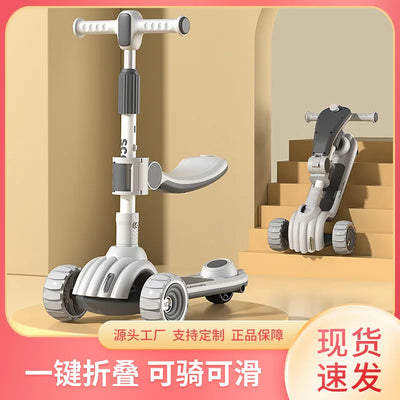 Children's Scooter Can Sit, Ride and Slide Three-in-One Foldable Scooter for Boys and Girls Kick Foot Scooter