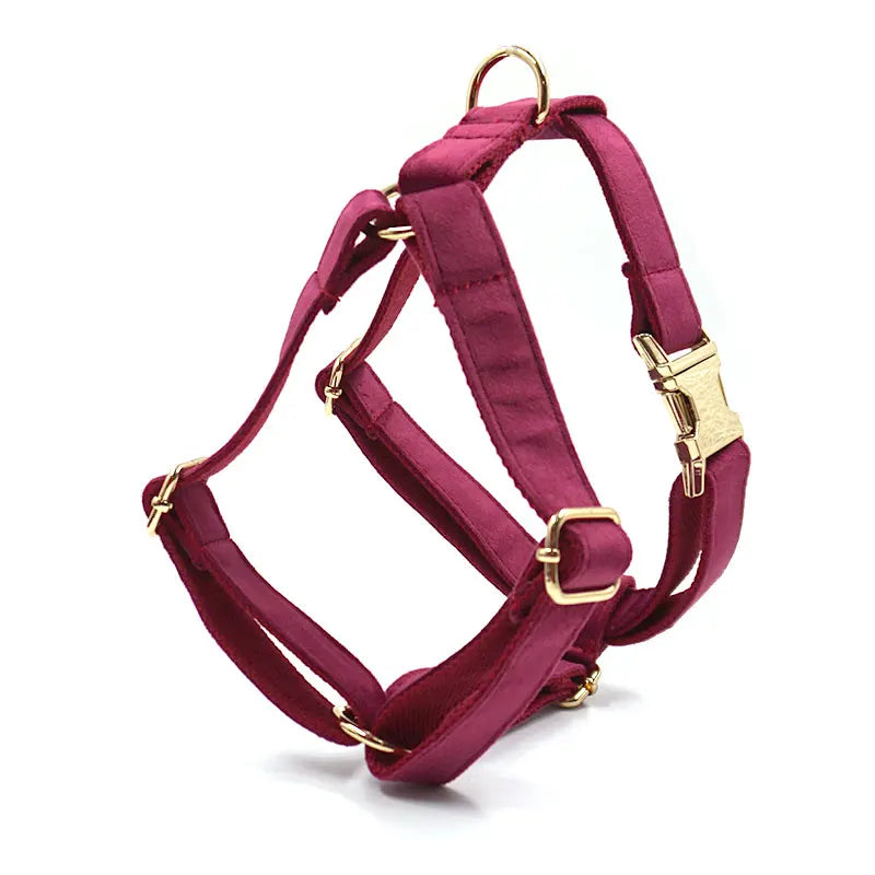 Burgundy Velvet Dog Collar Personalized Thicken Metal Buckle Pet Harness Bow Tie Collar Leash Set with Poop Bag Luxury Dog Gift