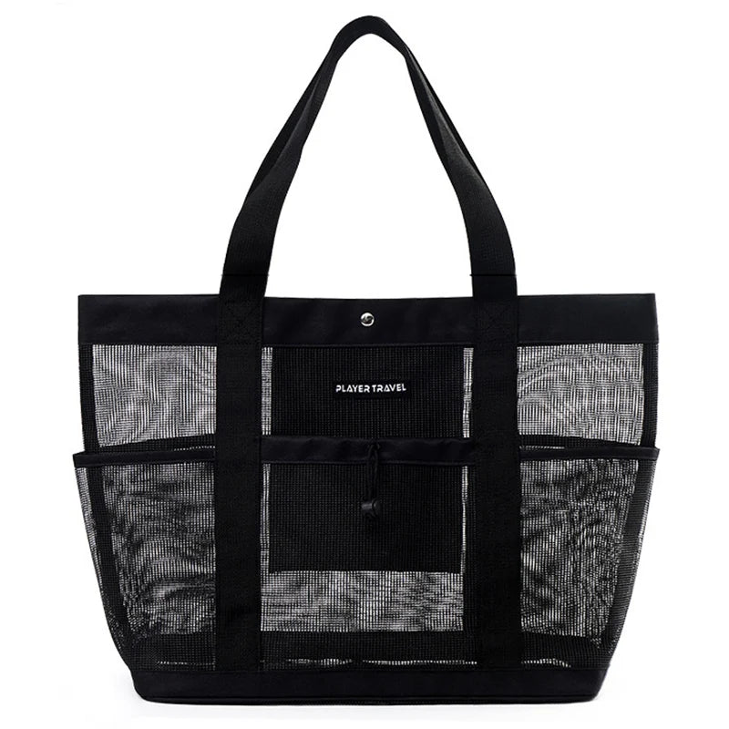 Quick Dry Beach Swimming Shoulder Bag Large Capacity Mesh Wash Bag Multiple Pockets Summer Drawstring Bathing Washing Handbag
