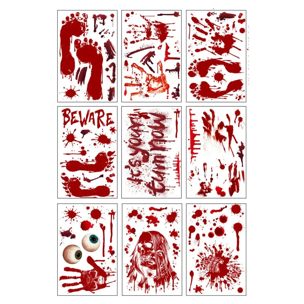 9 Sheets Halloween Decorations Window Stickers Reusable Bloody Handprint Footprint Horror Sticker Scary Realistic Tattoo Sticker